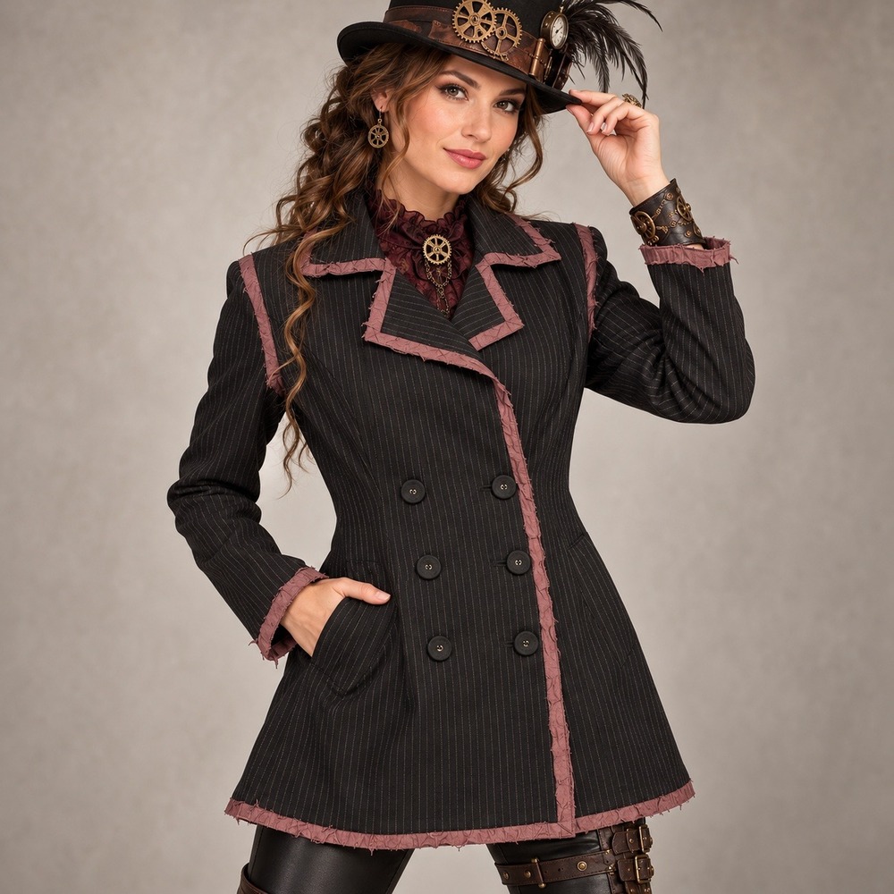 Pinstripe Jacket Women M Black Wool Silk Trim Double Breasted Blazer Steampunk
